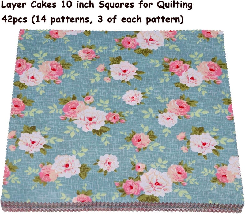 Hanjunzhao 42Pcs 10" Layer Cake Fabric - Vintage Floral Print Cotton Fabric Squares 10x10, Layer Cakes 10 inch Squares for Quilting, Sewing, Quilts, and Crafts - Retro Floral - Image 2